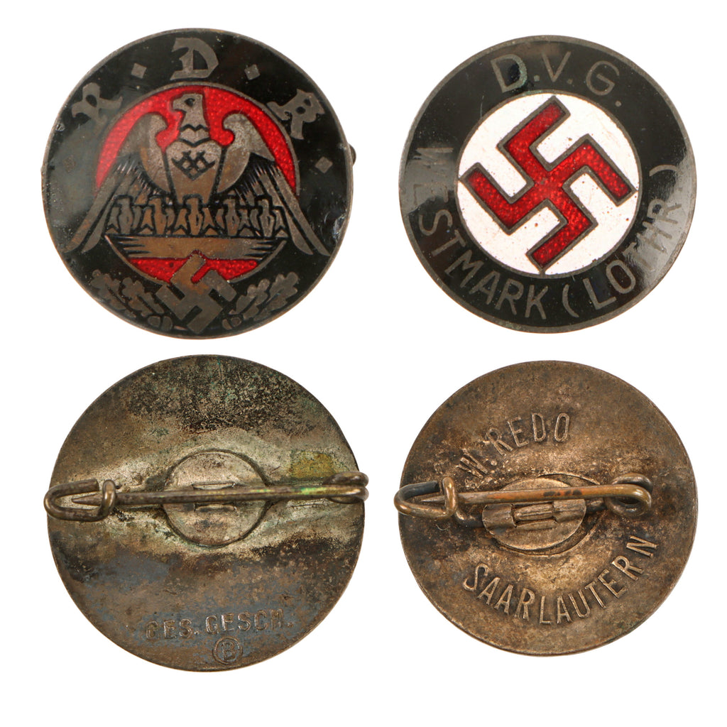 Original German WWII D.V.G. Westmark (Lothr.) & R.D.K. Enamel Membership Badge Pair