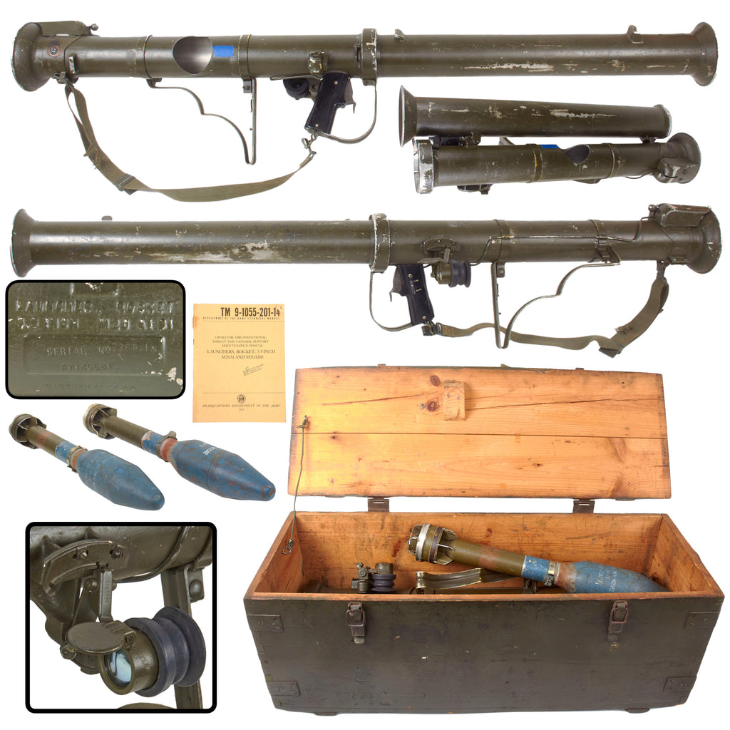 Original U.S. Deactivated M20 A1 B1 3.5 Inch Super Bazooka Rocket Launcher by Birtman with Two Inert Training Rockets and Portuguese Transit Chest