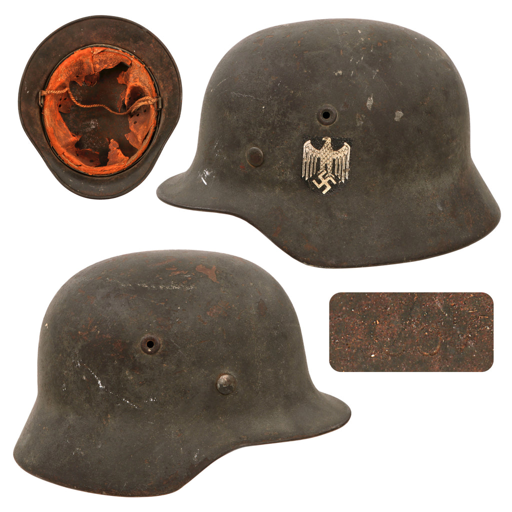Original German WWII Heer Army M40 Single Decal Steel Helmet with 1943 Dated 53cm Relic Liner - Size 62 Shell Original Items