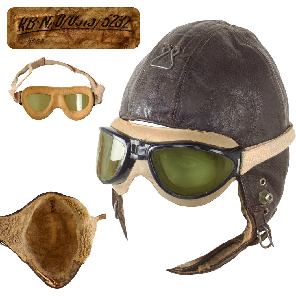 Original German WWII Luftwaffe LKpW101 Leather Winter Flying Helmet with Goggles - RBNr-Marked - Size 55 Original Items