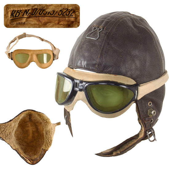 Original German WWII Luftwaffe LKpW101 Leather Winter Flying Helmet with Goggles - RBNr-Marked - Size 55 Original Items