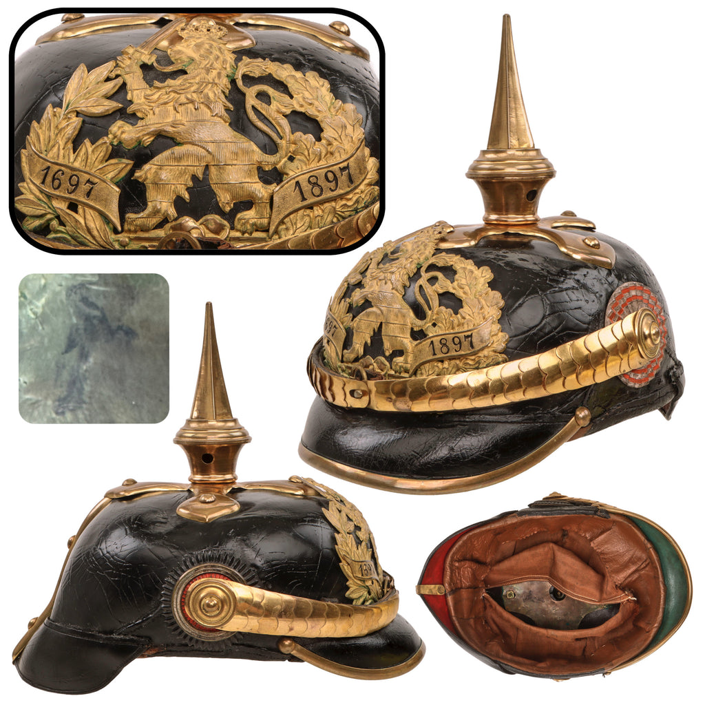 Original Imperial German WWI Hessian Infanterie-Leib-Regiment “Großherzogin” Nr. 117 Officer’s Pickelhaube with Rare 1697-1897 Anniversary Wappen