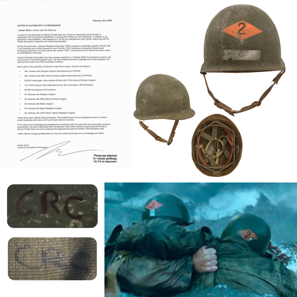 Original U.S. M1 Helmet Used in Saving Private Ryan with Follow Me Stripe – 2nd Ranger Battalion – With Copy of Notarized Letter of Authenticity Original Items