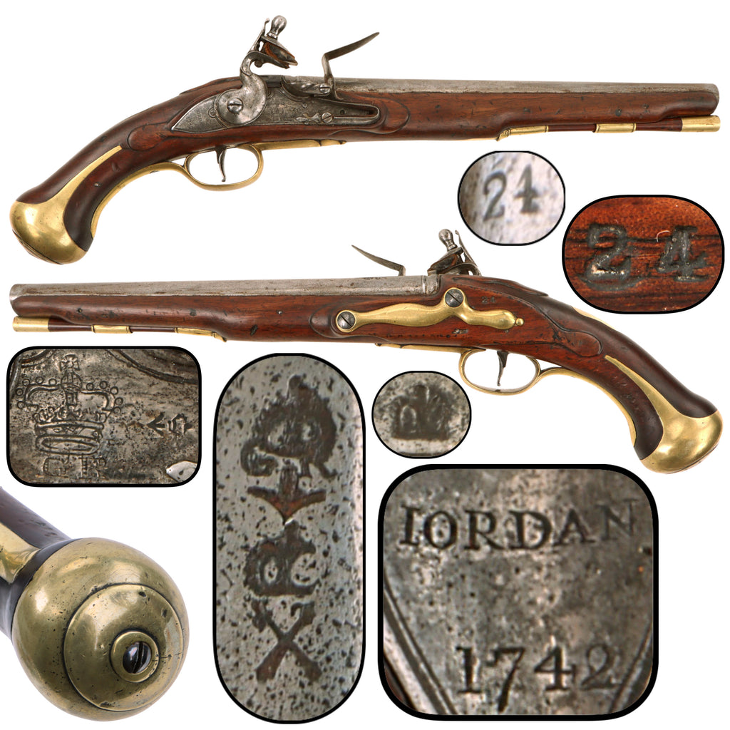 Original 18th Century British Pattern 1738 Land Service Heavy Dragoon Flintlock Pistol by Thomas Jordan, Dated 1742