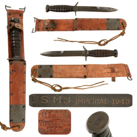 Original U.S. WWII Excellent Blade Marked 1943 Dated M3 Fighting Knife by Imperial with Black Spacers 1943 Dated M6 Scabbard by Viner Bros
