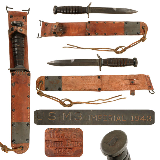 Original U.S. WWII Excellent Blade Marked 1943 Dated M3 Fighting Knife by Imperial with Black Spacers 1943 Dated M6 Scabbard by Viner Bros