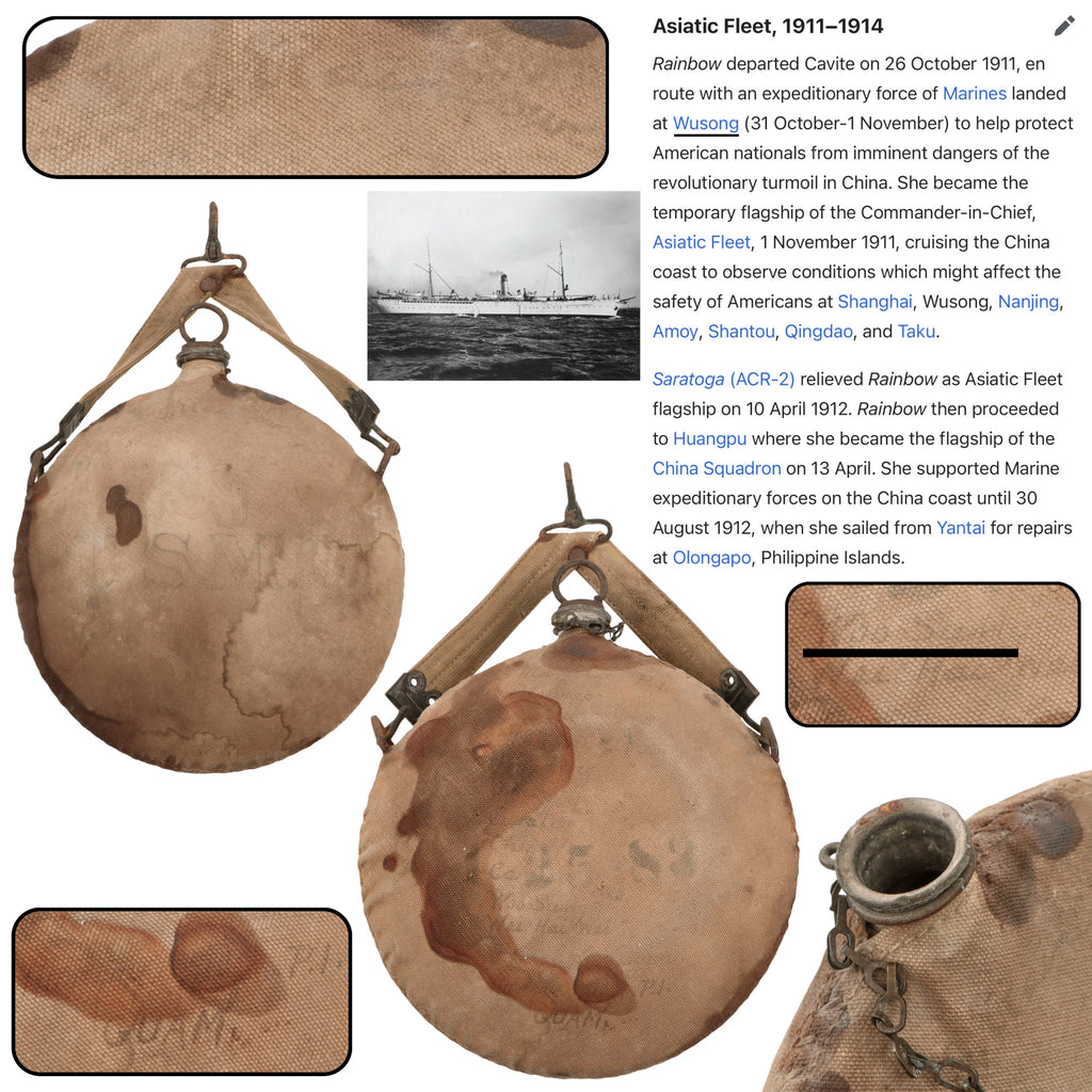 Original U.S. Xinhai Revolution USS Rainbow USMC Expeditionary Force M1878 Canteen with Travel Diary - Sent to Protect American Nationals