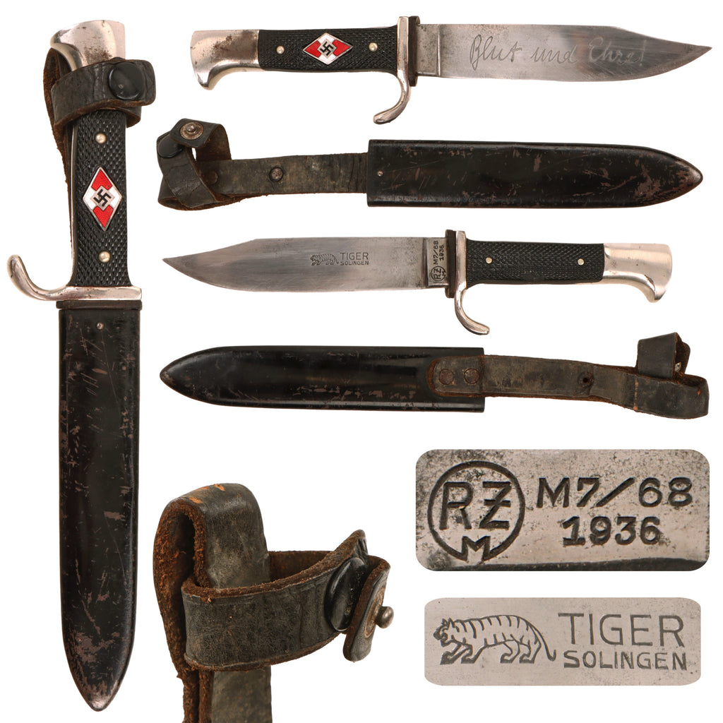 Original German WWII 1936-Dated Transitional HJ Trip Knife by Tigerwerk Lauterjung & Co. with Motto-Marked, Modified Clip-Point Blade and Scabbard - RZM M7/68