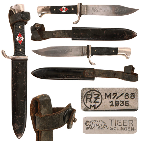 Original German WWII 1936-Dated Transitional HJ Trip Knife by Tigerwerk Lauterjung & Co. with Motto-Marked, Modified Clip-Point Blade and Scabbard - RZM M7/68