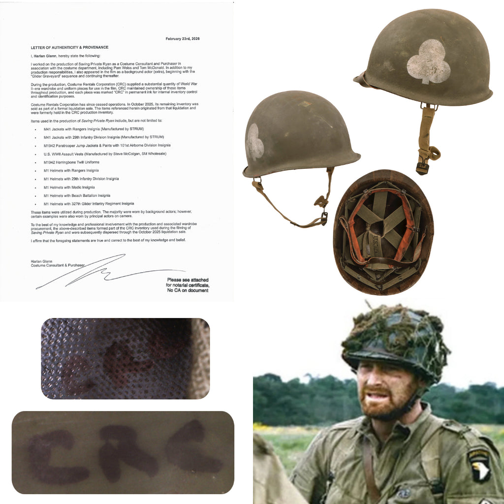 Original U.S. M1 Helmet Used in Saving Private Ryan – 327th Glider Infantry Regiment, 101st Airborne Division with Matching Liner – With Copy of Notarized Letter of Authenticity Original Items