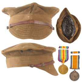 Original British WWI 13th London Regiment Medal & Folded Trench Cap Grouping - William Frederick Pratt