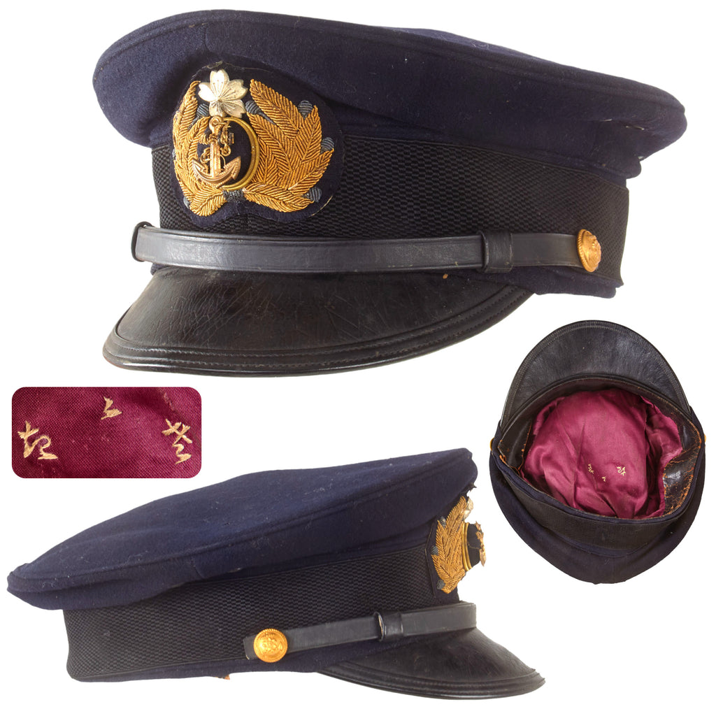 Original WWII Imperial Japanese Navy IJN Officer Visor Cap with Directly Embroidered Kanji Markings Original Items