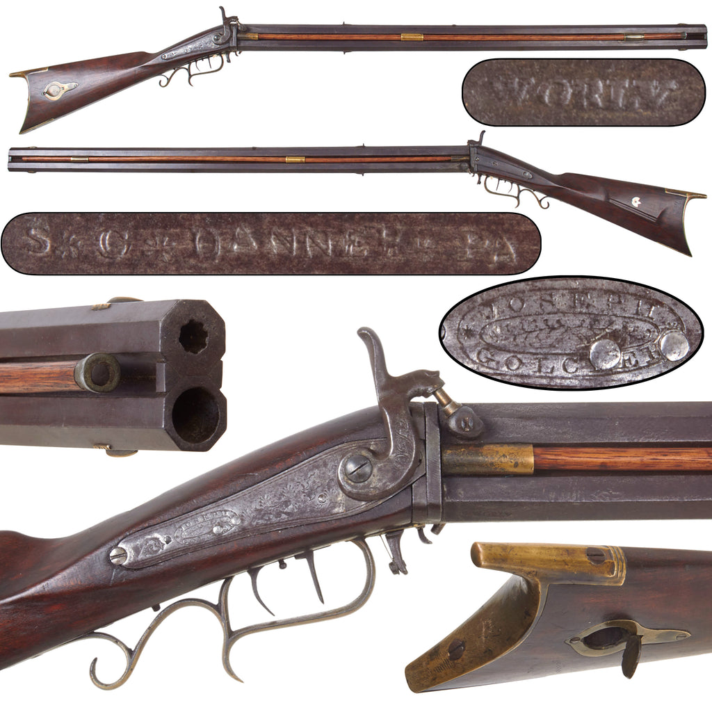 Original U.S. Pennsylvania Over & Under Swivel Breech Percussion Combination Gun Marked S ✳ C ✳ DANNER ✳ PA with .34cal Rifled Barrel, 21 Bore Fowling Barrel, Golcher Lock, and Set Trigger, Circa 1850