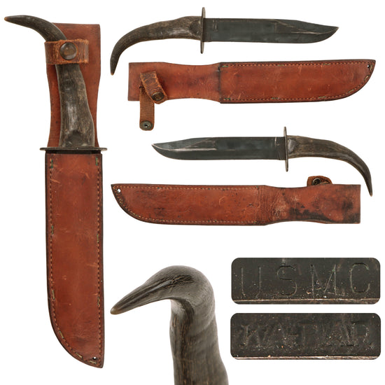 Original U.S. WWII USMC Early Blade-Marked Mark 2 KA-BAR Fighting Knife with Theater-Replaced Goat Horn Grip in Leather Sheath