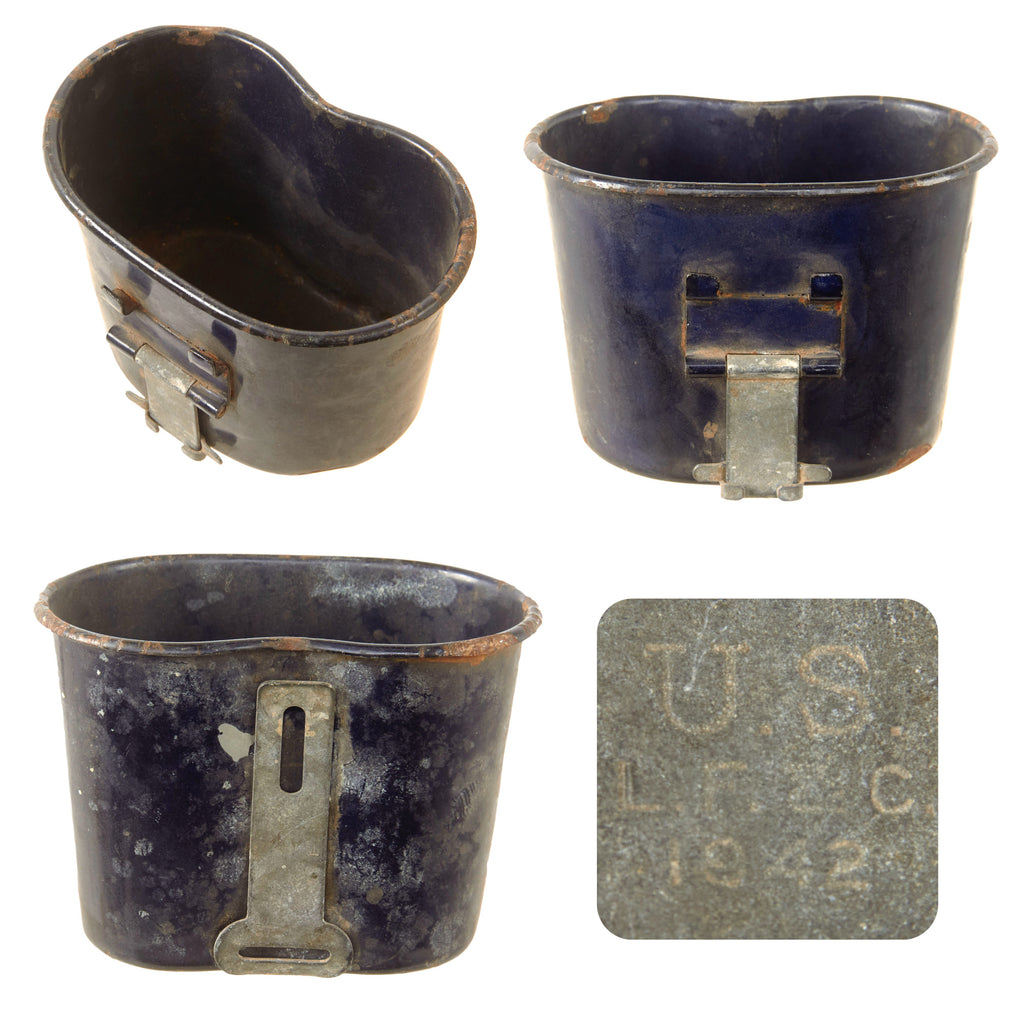 Original U.S. WWII M1942 Experimental Blue Porcelain Enamel Canteen Cup by Landers, Frary & Clark - Dated 1942 Original Items