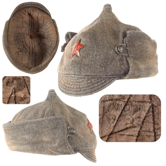 Original Soviet WWII M27 Budenovka Winter Cap with Hammer & Sickle Maker/Depot Stamp