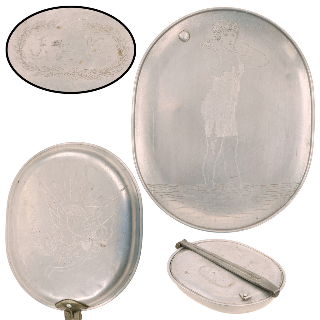 Original U.S. WWI M1910 Mess Kit Trench Art with Depiction of Girl at Beach & American Flag Eagle Motif Original Items