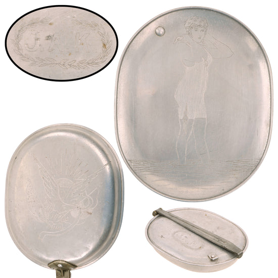 Original U.S. WWI M1910 Mess Kit Trench Art with Depiction of Girl at Beach & American Flag Eagle Motif Original Items