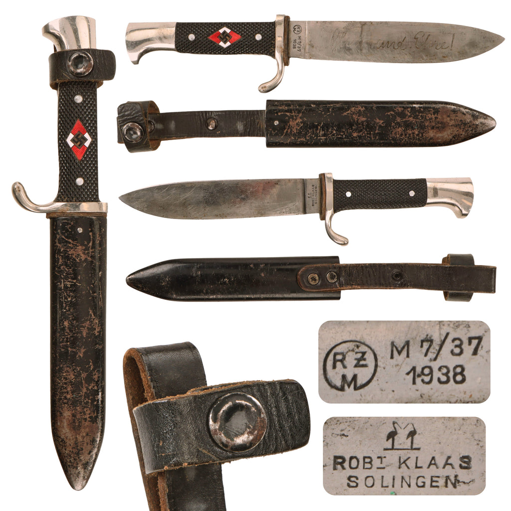 Original German WWII 1938 dated Transitional HJ Knife with Motto by Robert Klaas with Scabbard - RZM M7/37 Original Items