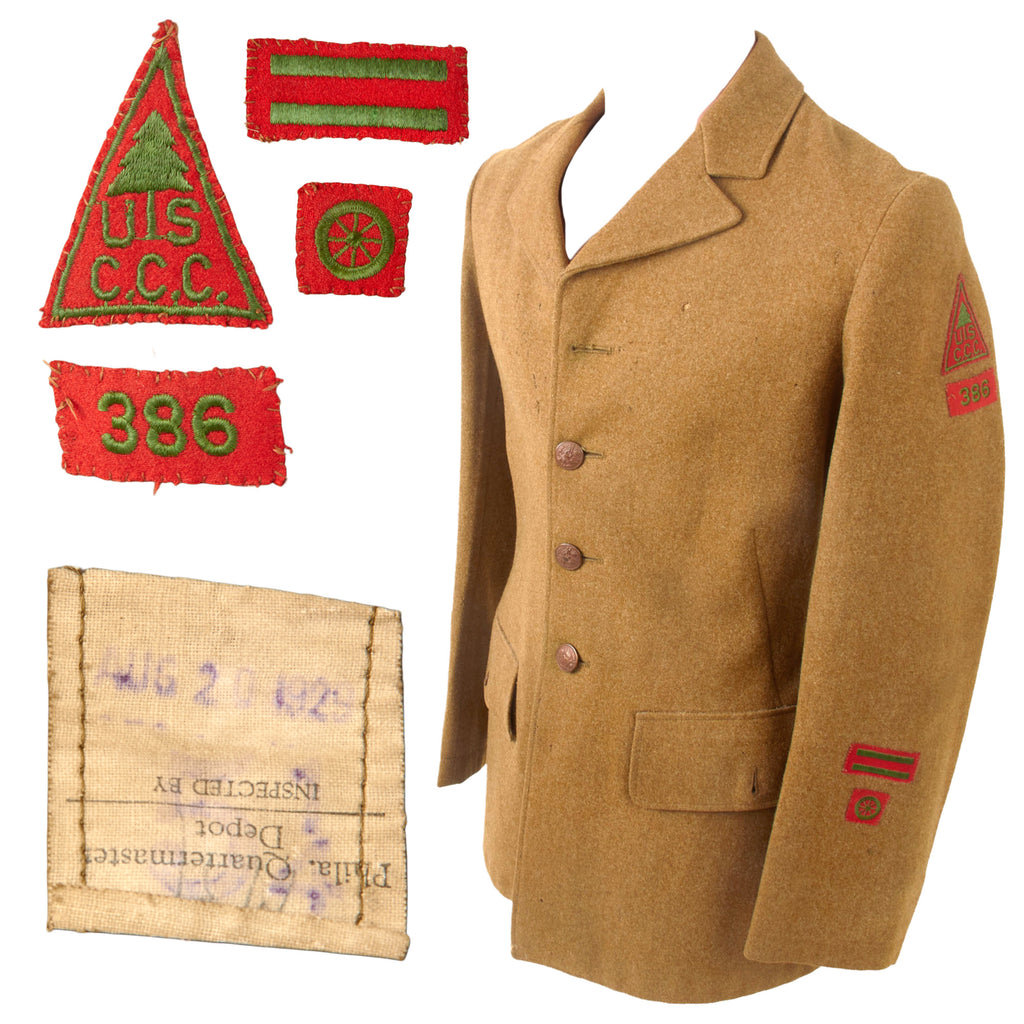 Original U.S. 1930s Civilian Conservation Corps Company 386 Wool Coat with Camp Insignia and Service Stripes