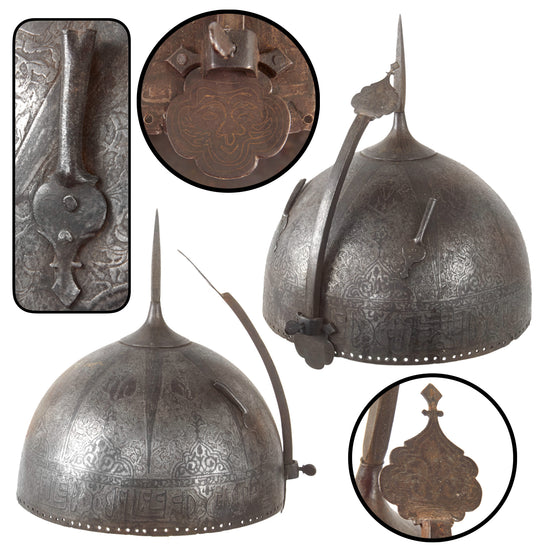 Original Early 19th Century Indo-Persian Etched Kulah Khud Steel War Helmet with Adjustable Nasal & Plume Holders - Aventail Chainmail Missing Original Items