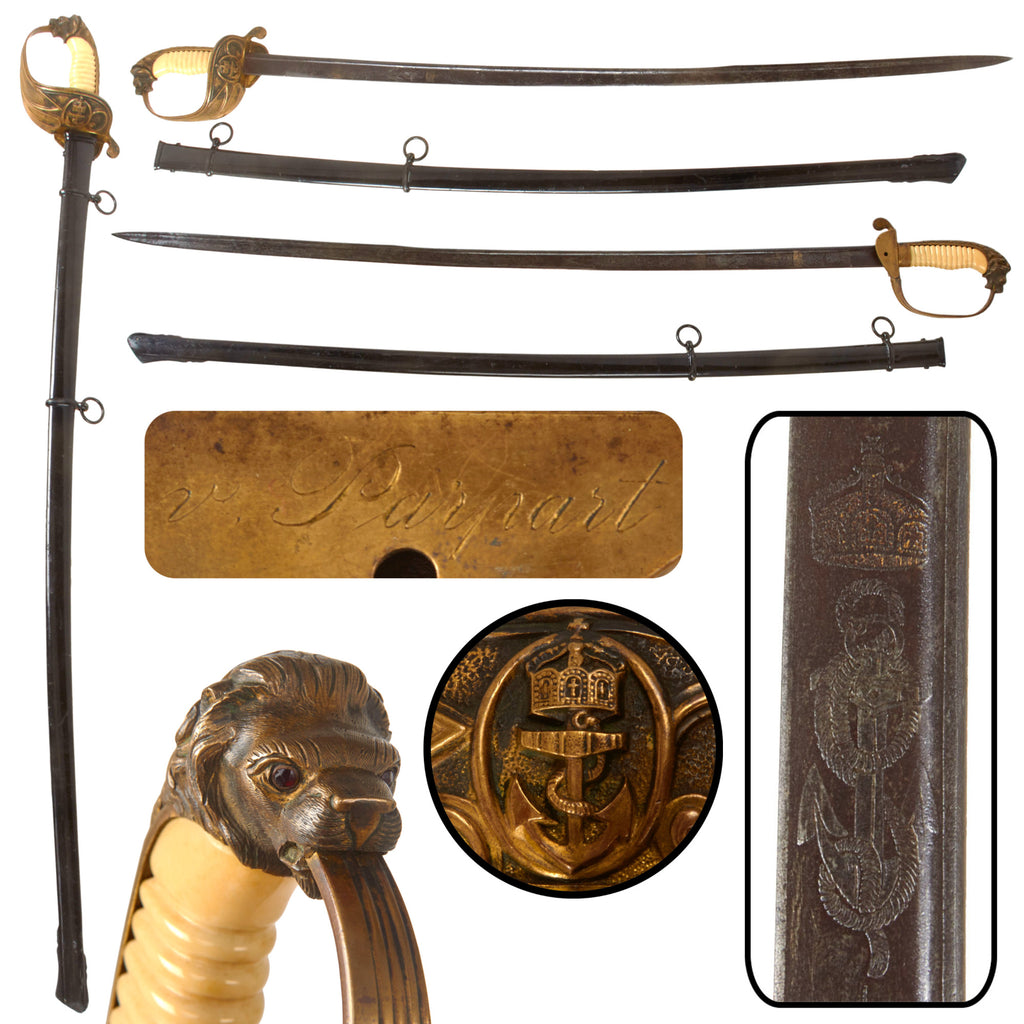 Original Imperial German WWI Engraved Kaiserliche Marine Officer’s Damascus Sword & Scabbard Named to von Parpart Family Member