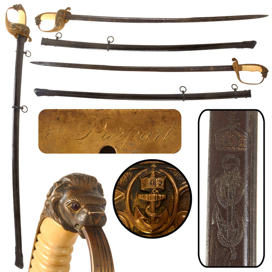 Original Imperial German WWI Engraved Kaiserliche Marine Officer’s Damascus Sword & Scabbard Named to von Parpart Family Member