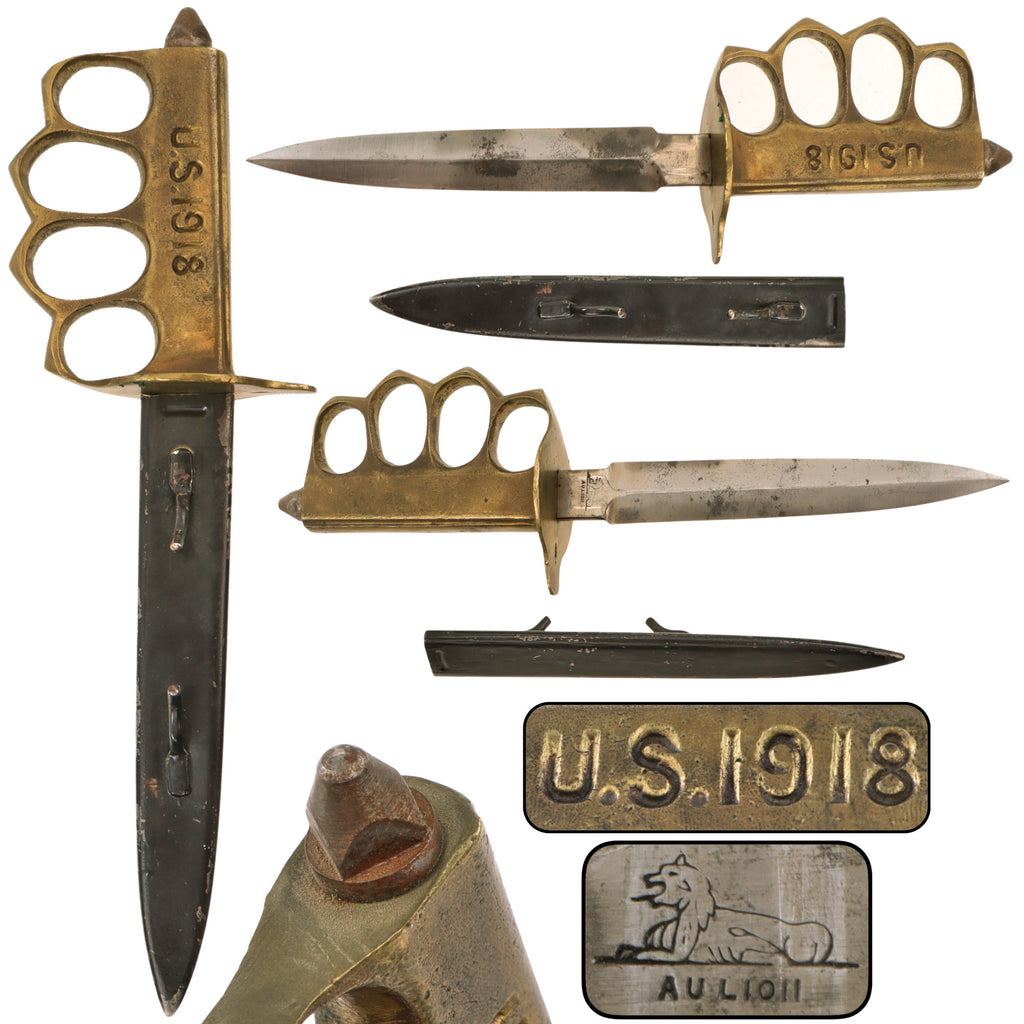 Original U.S. WWI Model 1918 French Made Mark I Trench Knife by AU LION with Correct Steel Scabbard