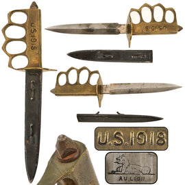 Original U.S. WWI Model 1918 French Made Mark I Trench Knife by AU LION with Correct Steel Scabbard