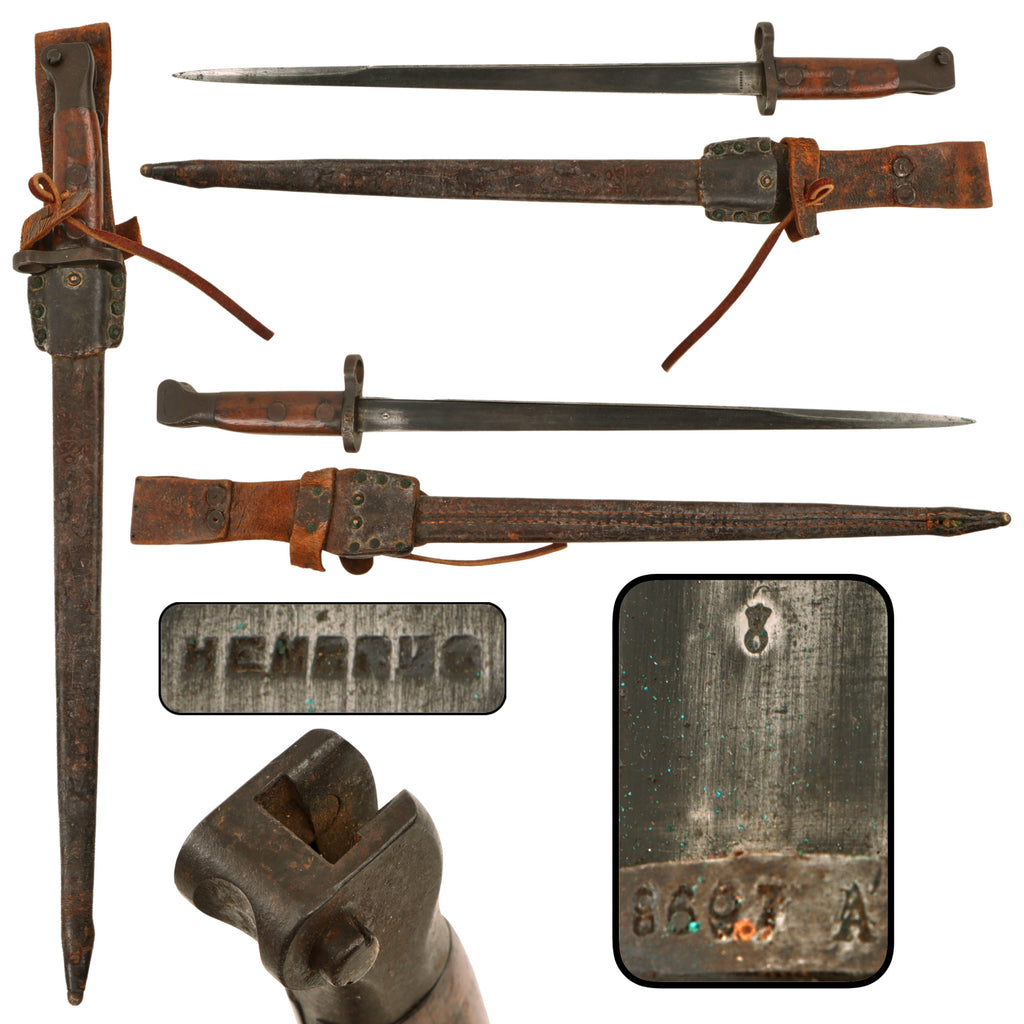 Original Dutch M1895 Mannlicher T-Back Rifle Bayonet by Hembrug with Leather Scabbard & Integral Frog Original Items