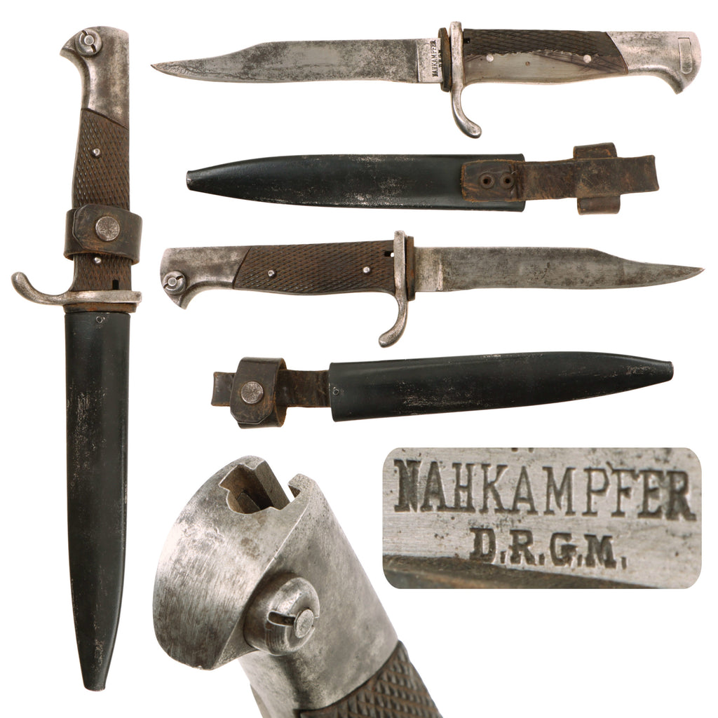 Original German WWI Private Purchase Dress Trench Fighting Knife Bayonet by Nahkӓmpfer with Scabbard & Period-Repaired Grip Original Items