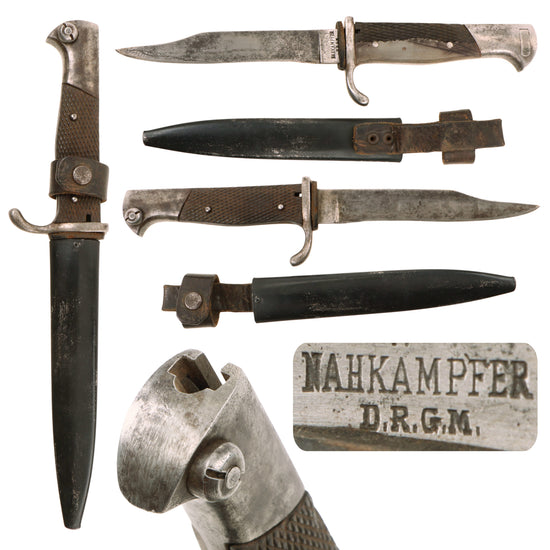 Original German WWI Private Purchase Dress Trench Fighting Knife Bayonet by Nahkӓmpfer with Scabbard & Period-Repaired Grip Original Items
