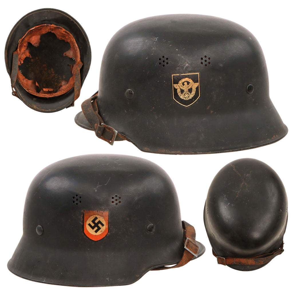 Original German WWII M34 Square Dip NSDAP Double Decal Civic Police Steel Helmet with Chinstrap and Liner Remnants - Ordnungspolizei Original Items