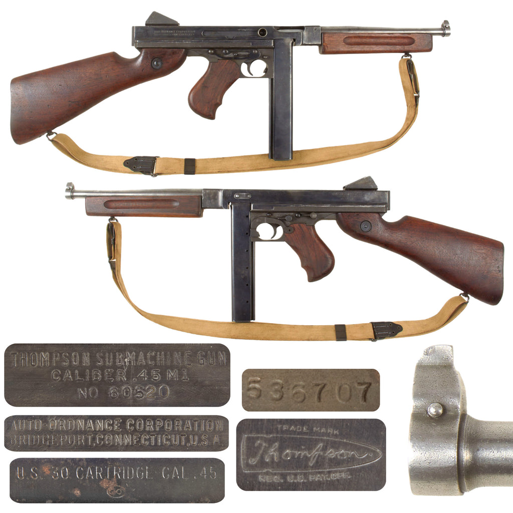 Original U.S. WWII Thompson M1 Display Submachine Gun Serial NO. 60520 with Original Kerr Sling and Magazine - Original WWII Parts Original Items