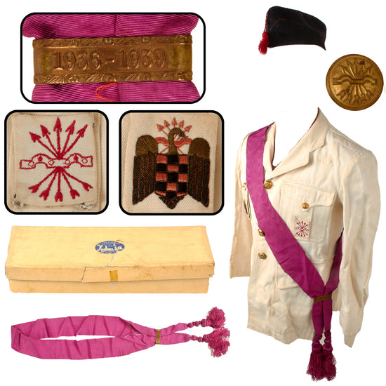 Original Spanish Civil War Era FET y de las JONS Fascist Youth Nationalist Summer Uniform Tunic with Cap, 1936–1939 Sash and Yustas Madrid Box Original Items