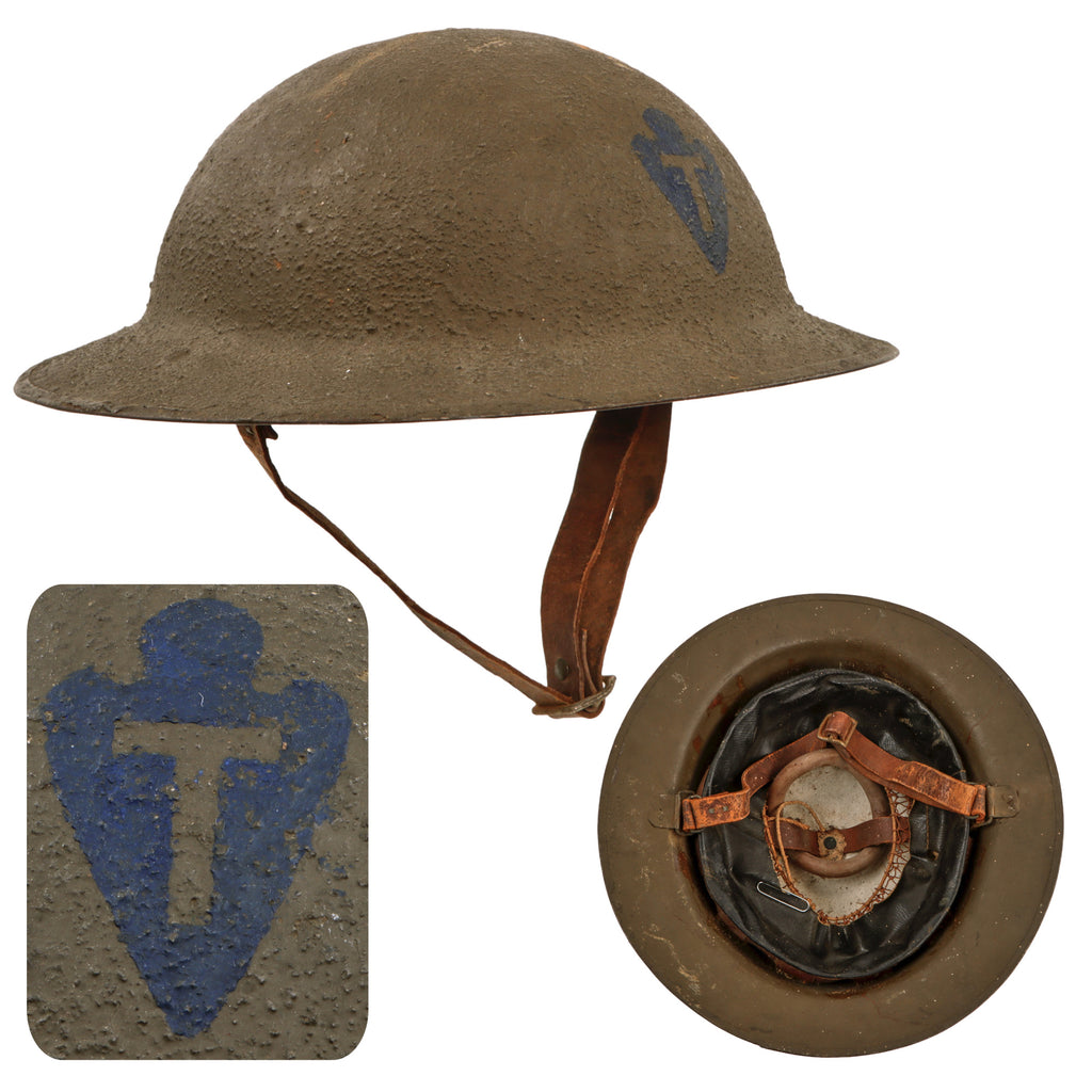 Original British Made U.S. WWI Mark I Doughboy Helmet with Original Hand Painted 36th Infantry Division Arrowhead Insignia, Textured Finish, Liner and Chinstrap Original Items