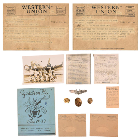 Original U.S. WWII Stalag Luft IV POW Grouping with Western Union Telegrams, Last V-Mails Home, Insignia, and ID’d Photo of Crew - Staff Sergeant Charles A. Crosby Jr. Original Items
