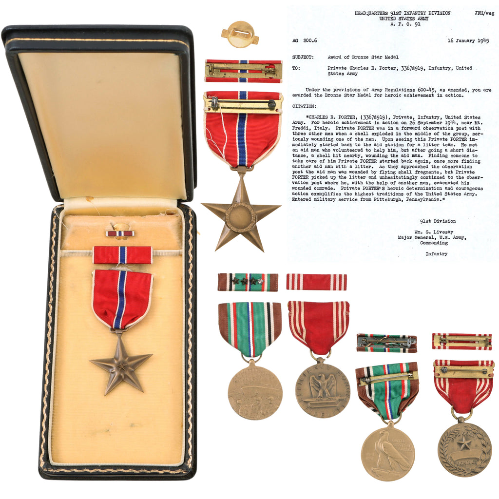 Original U.S. WWII Bronze Star Medal Grouping to PFC Charles R. Porter, 363rd Infantry Regiment, 91st Division – Heroic Action near Mt. Freddi, Italy, with Citation & Service Records