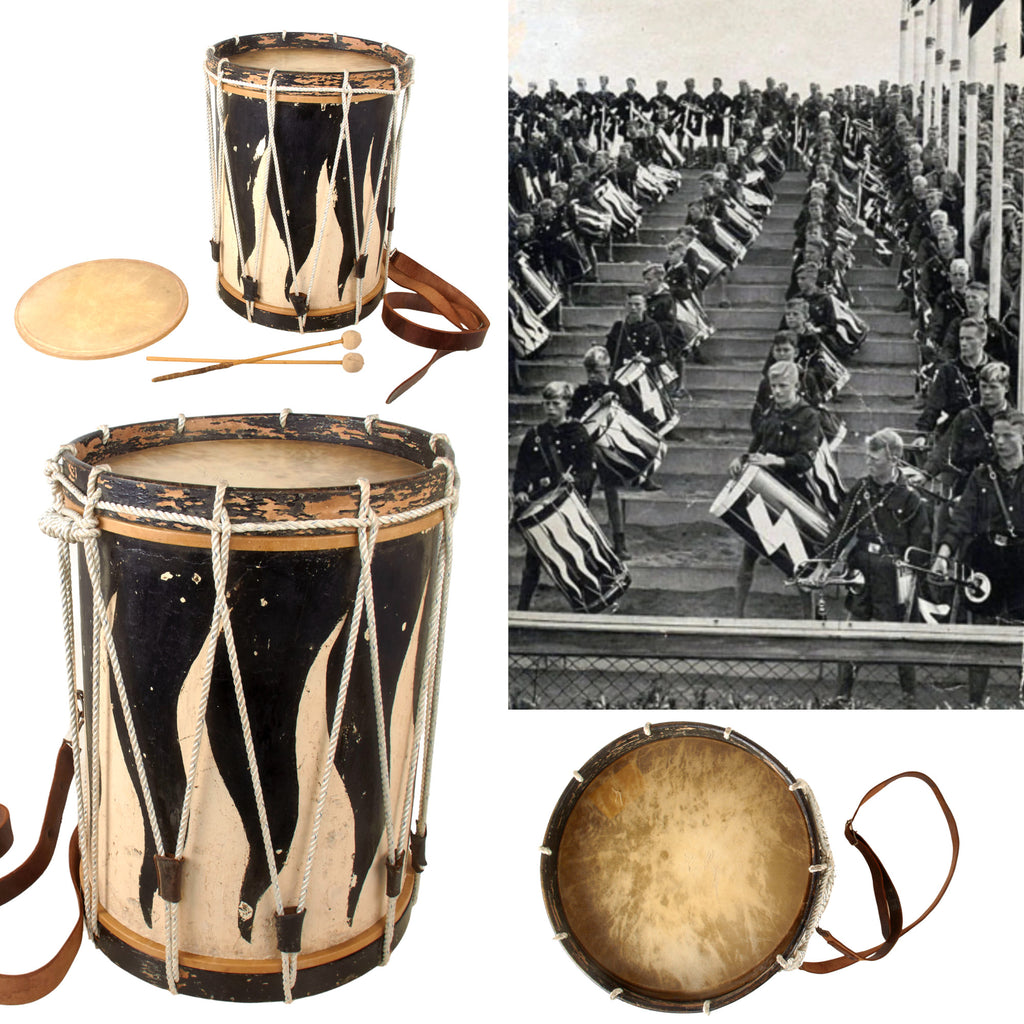 Original German WWII DJ Deutsches Jungvolk Junior National Youth Organization 14" Wooden Landsknecht Formation Field Drum with Drumsticks, Leather Carry Strap and Replacement Ropes