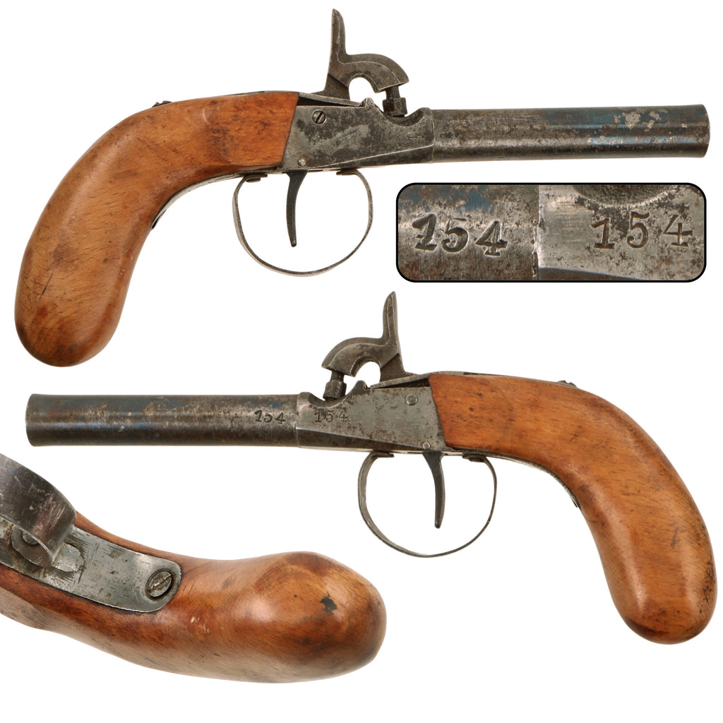 Original German Single Shot Percussion Pocket Pistol with Bag Grip, German Proof Marks and Matching Serial No. 154, Circa 1870