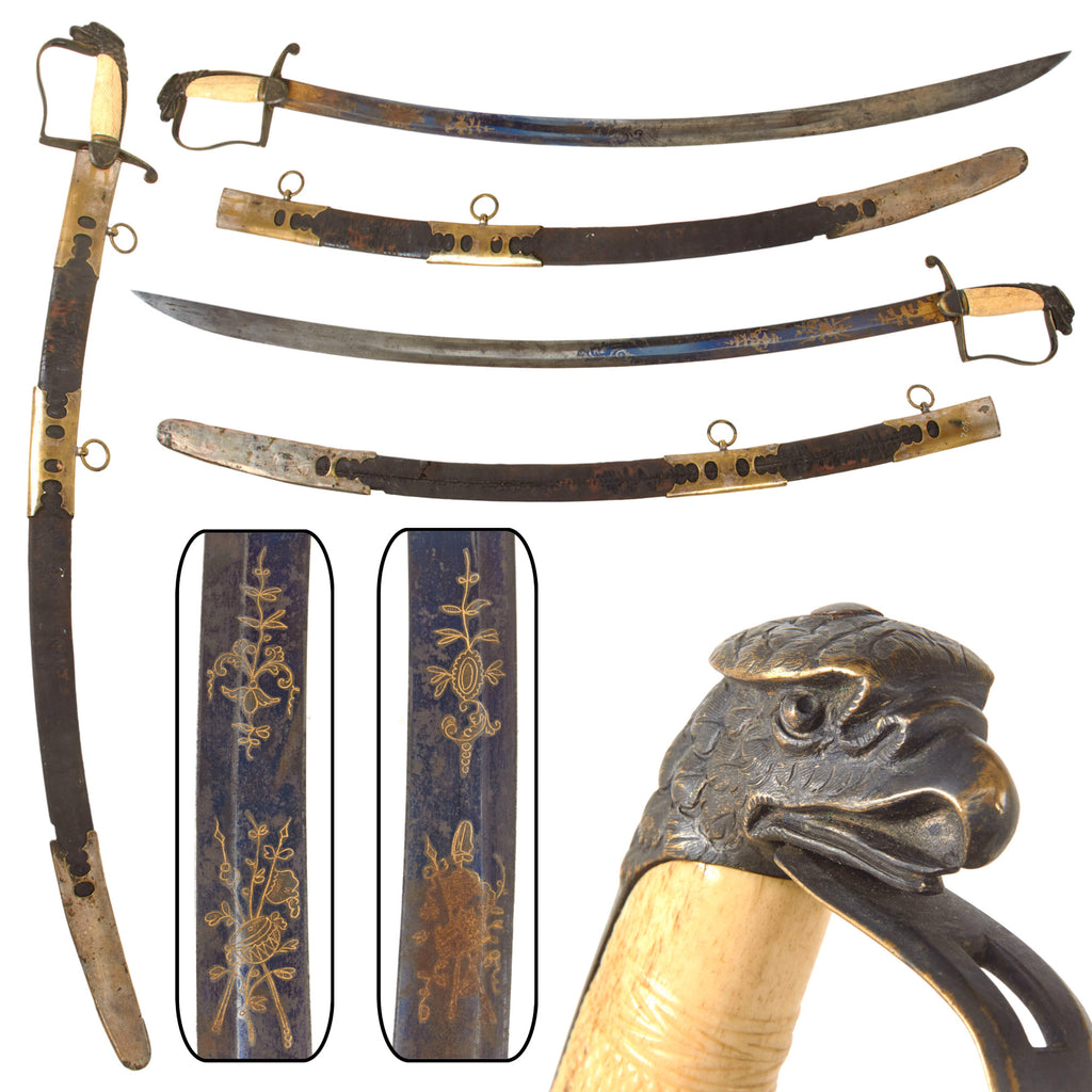 Original U.S. War of 1812 Era Eagle Head Infantry Officer’s Saber with Fire-Blued Gold-Inlaid Blade & Original Leather Scabbard with Filigreed Fittings Original Items