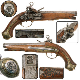 Original 18th Century Spanish Ripoll Miquelet Flintlock 15 Bore Officer Belt Pistol with Grotesque Mask Mounts, Lock by Pere Torrento, Barrel Attributed to Eudald Molas