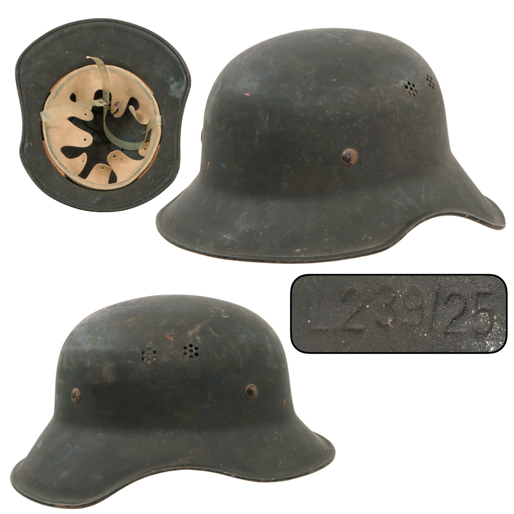 Original German WWII Late Issue M38 Luftschutz Gladiator Air Defense Helmet with One Piece Shell, Cloth Liner, and Plastic Chinstrap, Approx. Size 57cm