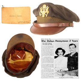 Original U.S. WWII USAAF Officer’s Crusher Visor Cap with AAF Officer’s Calling Card in Sweatband - Pilot Lt. Walter O. Franks, 68th Bomb Squadron, 44th Bomb Group, 35 Bombing Missions