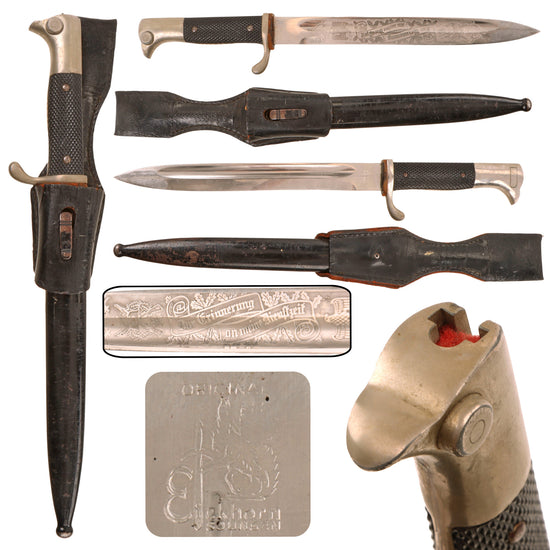 Original German WWII Heer Army Single Etched 98k Dress Bayonet by Carl Eickhorn with Shortened Blade, Scabbard and Patent Leather Frog