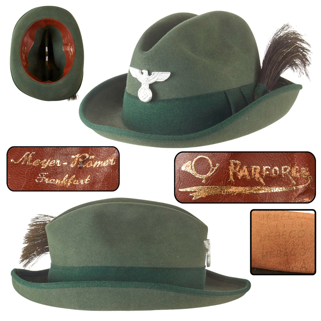 Original German WWII National Forestry Service Deutscher Schützenhut Felt Hunting Hat by Meyer & Römer of Frankfurt with Plume, Measured Size 56cm