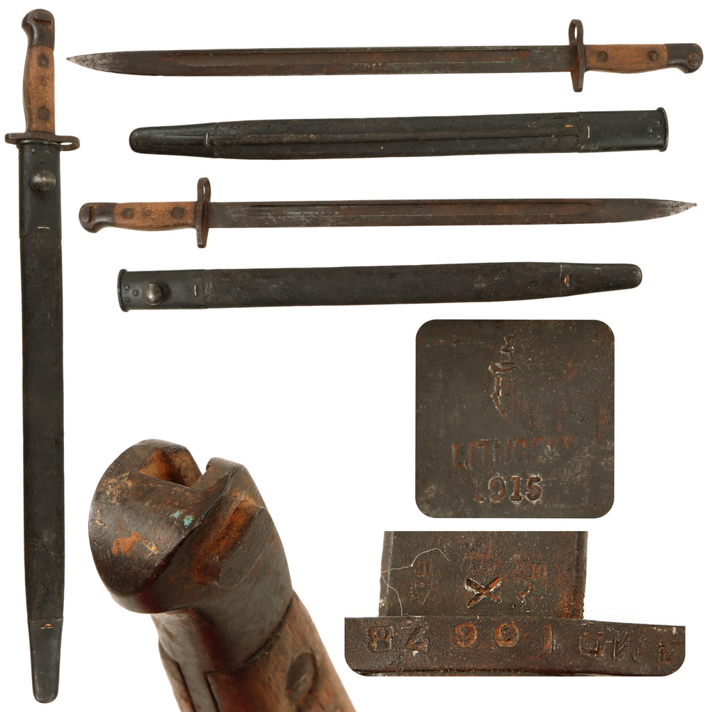 Original WWI Australian Lithgow P1907 SMLE Bayonet Dated 1915 with Scabbard - Button Seized Original Items