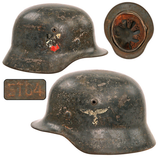 Original German WWII Luftwaffe Double Decal M35 Steel Helmet with 1st Pattern Droop Tail Eagle, 1937 Dated 56cm Liner, Stamped ET64, Lot No. 3340 Original Items