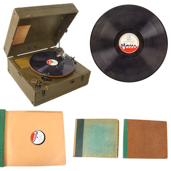 Original U.S. WWII U.S. Army Functional Phonograph Player by Plaza Manufacturing Co. with 2 Binders of 19 Special Services V Discs - Four Discs Have Naval Censor Stamps Original Items