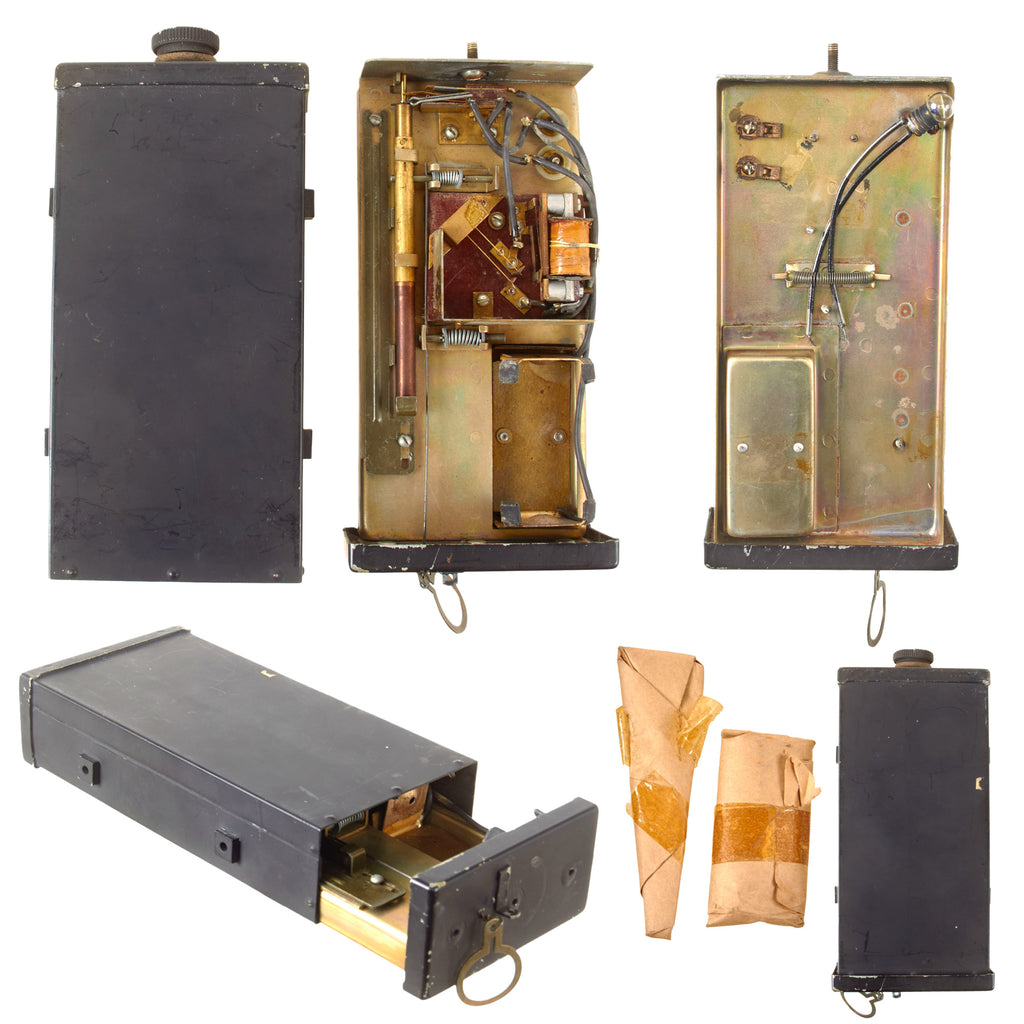 Original U.S. WWII OSS Anti-Disturbance Black Box Mine NOS with Testing Bulb & Mounting Hardware in Original Wrapping Paper - Outstanding Original Items